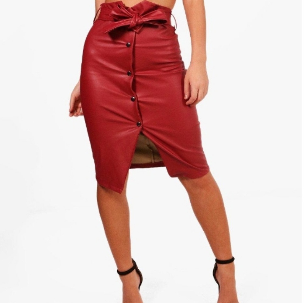 High Waist PU Button Down Skirt